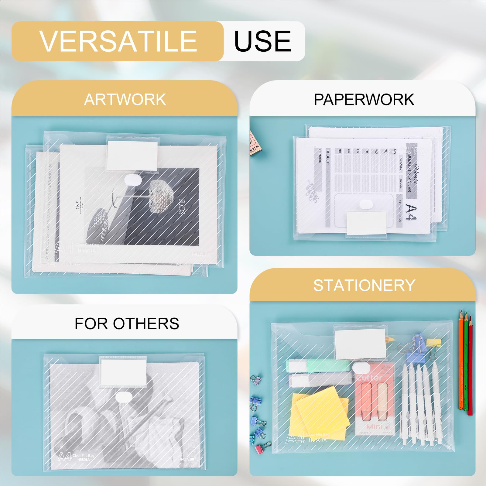 Buste in plastica trasparente, con tasche per etichette, per lettere A4, organizer per scuola, casa, lavoro, ufficio (100, trasparente)