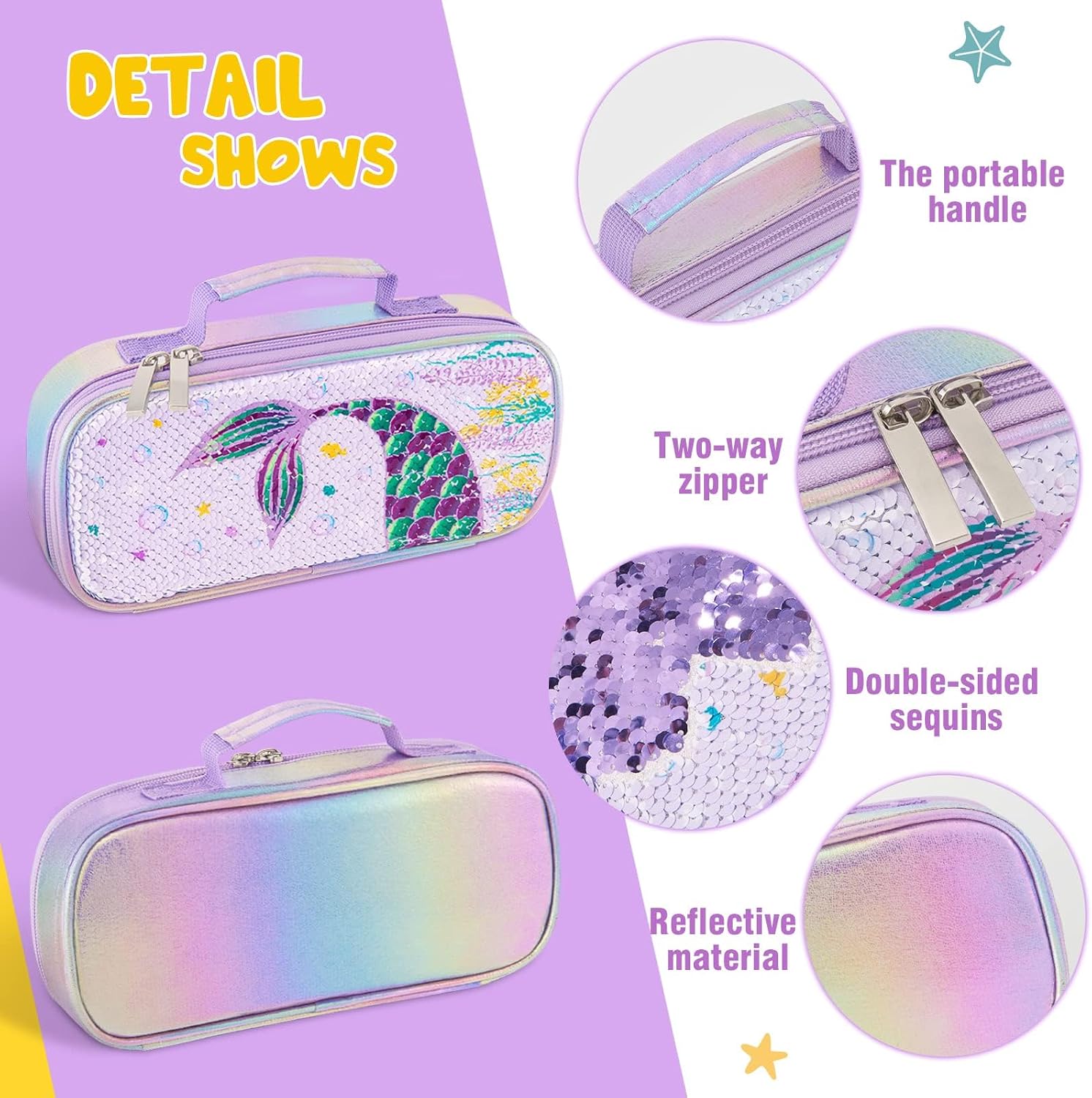 WERNNSAI Sequins Mermaid Pencil Case - Reversible Glitter Girls Pencil Box for Kids Sparkly Pencil Pouch Elementary Preschool Kindergarten Pencil Case School Supplies Birthday Christmas Gift