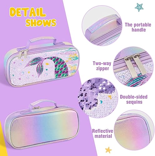 Miniatura 5 de WERNNSAI Estuche para lápices de sirena con lentejuelas – Caja reversible con purpurina para niños, estuche brillante para lápices de primaria,