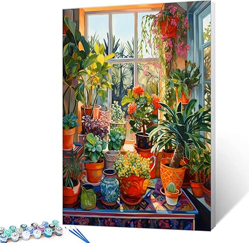 Aihonmin Pintura de plantas y macetas por números para adultos, niños y principiantes, pintura al óleo, pintura al óleo, kits de pigmentos acrílicos