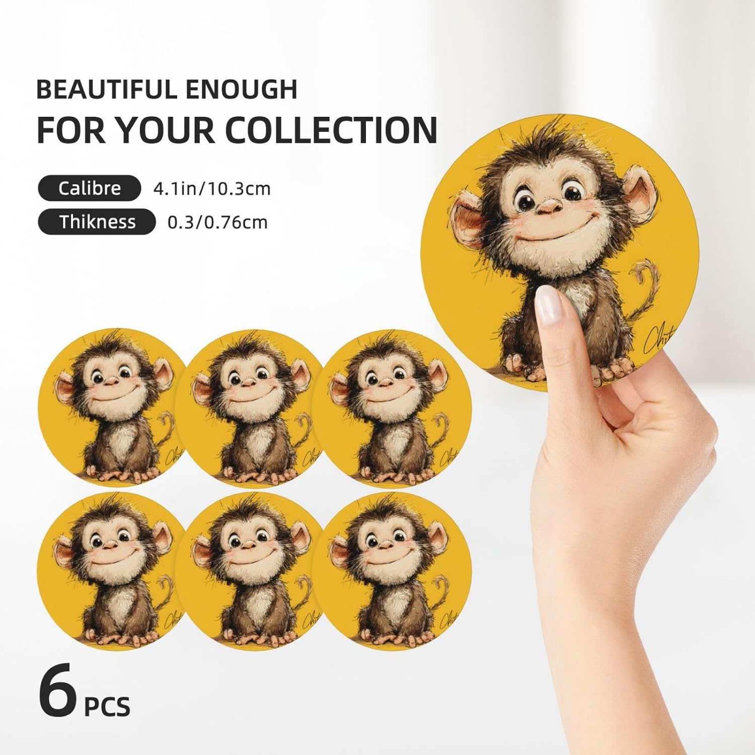 (Cute Monkey) Ceramic Coasters Set of 6 with Holder Non-Slip Round Coffee Coasters for for Cup Mug Drink Patio Coffee Table Decor, Christmas Coasters Home Bar Supplies