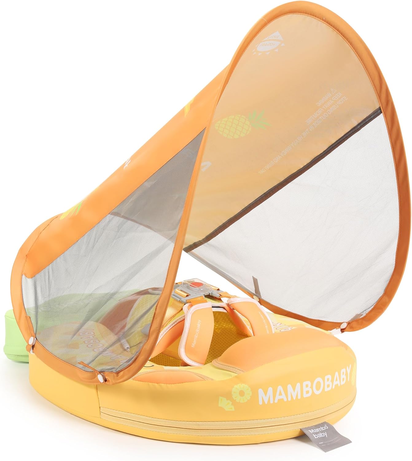 mambobaby float add tail baby swim float with canopy solid pool infant swim trainer swimming training lying air free water floats non-inflatable waist swim ring for toddlers (pineapple)