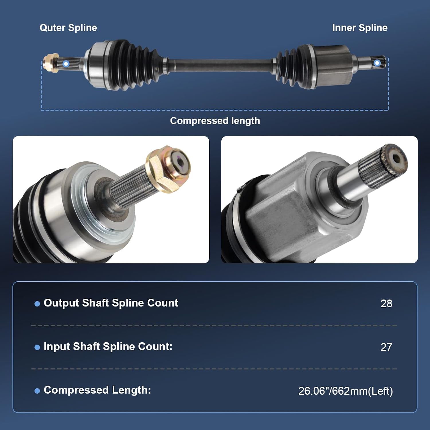 ODM Front Left CV Axle Shaft Fit for Honda 2002-2009 CR-V L4 2.4L, 2003-2007 Accord L4 2.4L, Driver Side CV Axle # 664206
