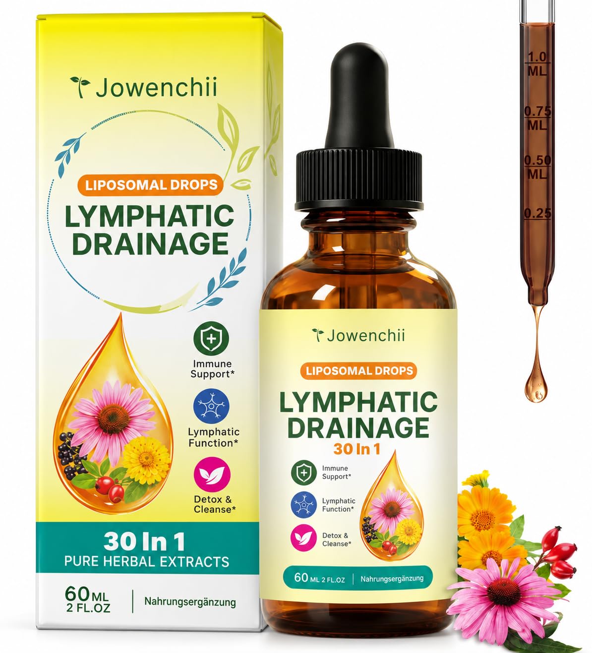 Lymphdrainage Tropfen, 30 in 1 2026 Neue Lymphatic Drainage Tropfen | mit Löwenzahn, Klettenlabkraut, Holunderbeere, Klette und Ingwer für Lymphsystem, Immunfunktion und Energiestoffwechsel