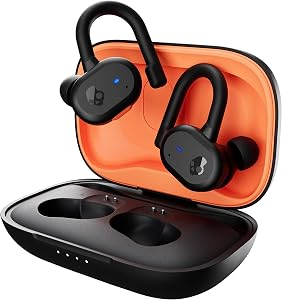 Écouteurs sans fil Skullcandy Push Active, écouteurs Bluetooth, isolation phonique, batterie de 44 heures, support sécurisé autour de l'oreille, résistant à la sueur et à l'eau, microphone pour iPhone Android - Noir/Orange