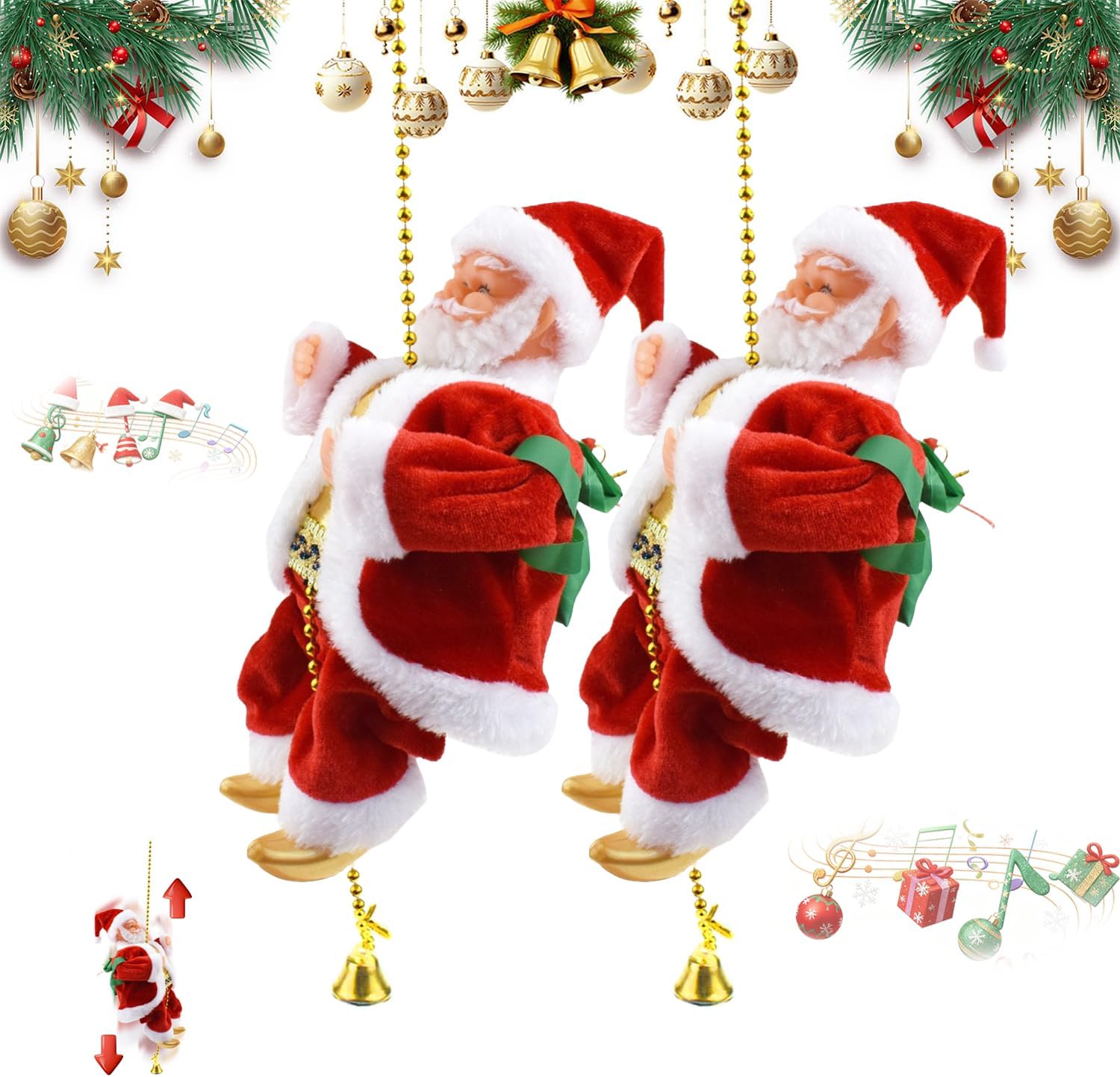 Climbing Santa Claus on Rope Christmas Electric Musical Tree Home Battery Ornament 2026 New Hanging Santas Fireplace Décor Holiday Xmas Decoration Climbs Up Operated-Battery not Included(2PCS)