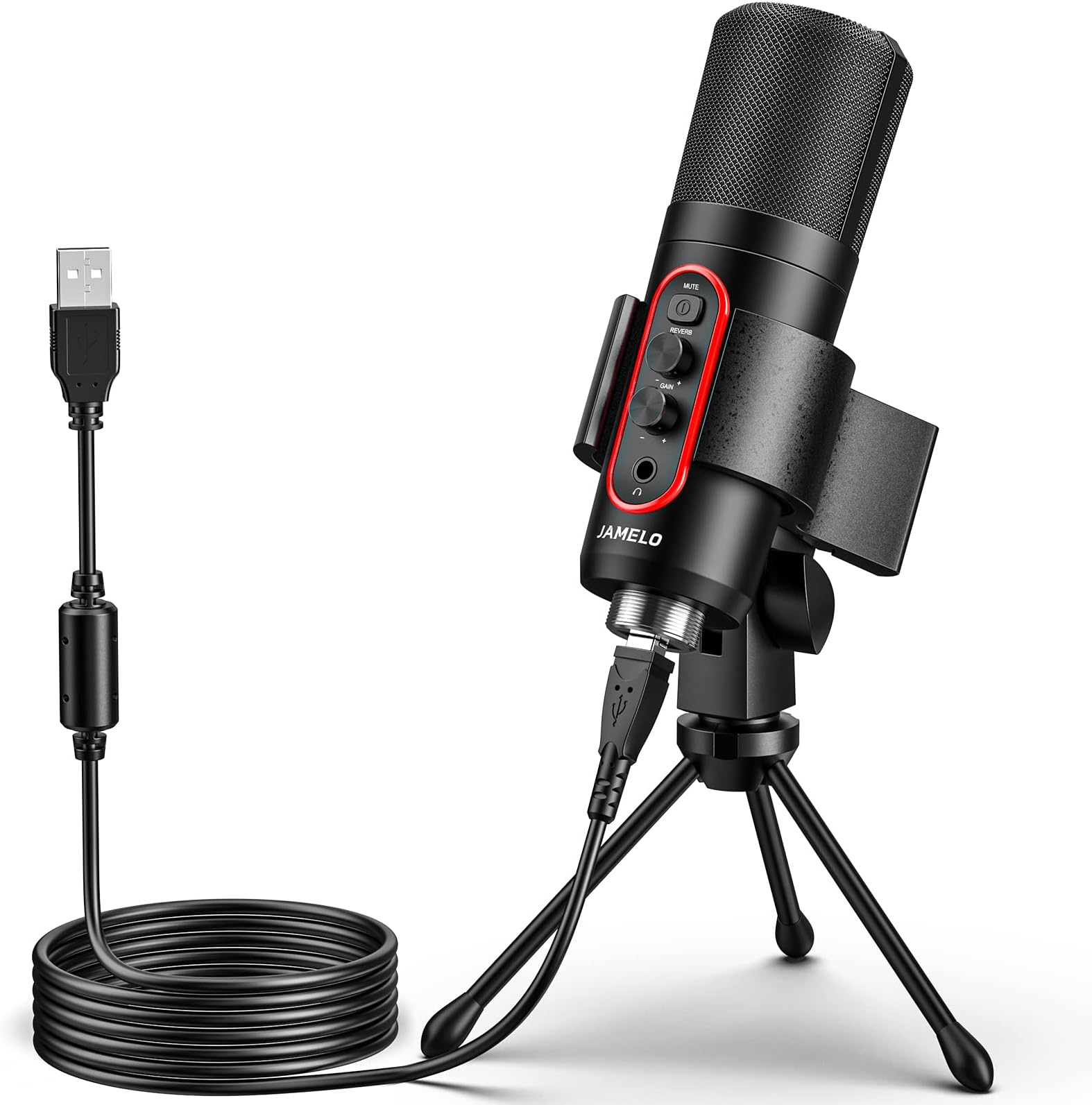 JAMELO USB Condenser Microphone, RGB Computer Gaming PC Microphone with Mute & Monitor & Reverberation Function for Gaming, Streaming, Podcasting, Compatible with Laptop Desktop (Black)