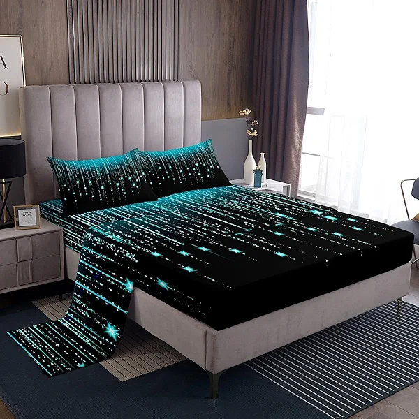 Feelyou Abstract Ombre Bed Sheets Teal Black Teens Sheet Set for Boys Girls Women Kids Modern Geometric Bed Set Glitter Galaxy Stars Decor Sheets Bedroom Collection 4Pcs Queen Size