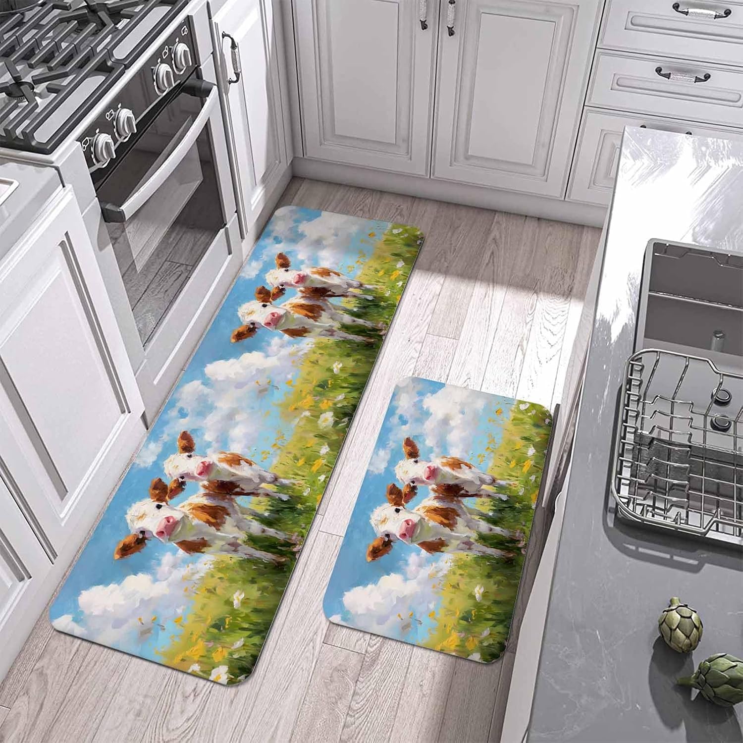 Farmhouse Cow Kitchen Mat Set 2 Pieces Oil Painting Texture Cute Animals Flower Cow Rustic Farm Non Slip Kitchen Rugs Washable Runner Rug Mats for Sink Laundry (19.7" x 31.5"+19.7" x 47.2")