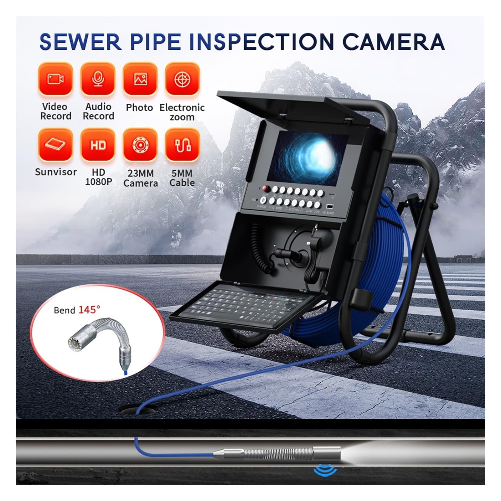 Kamera inspekcyjna endoskopowa, 7 "kamera endoskopowa DVR do kanalizacji z (lokalizator 512HZ samopoziomujący) licznik liczników rurociągi rura spustowa kamera inspekcyjna do kanalizacji(10m,23mm Mete
