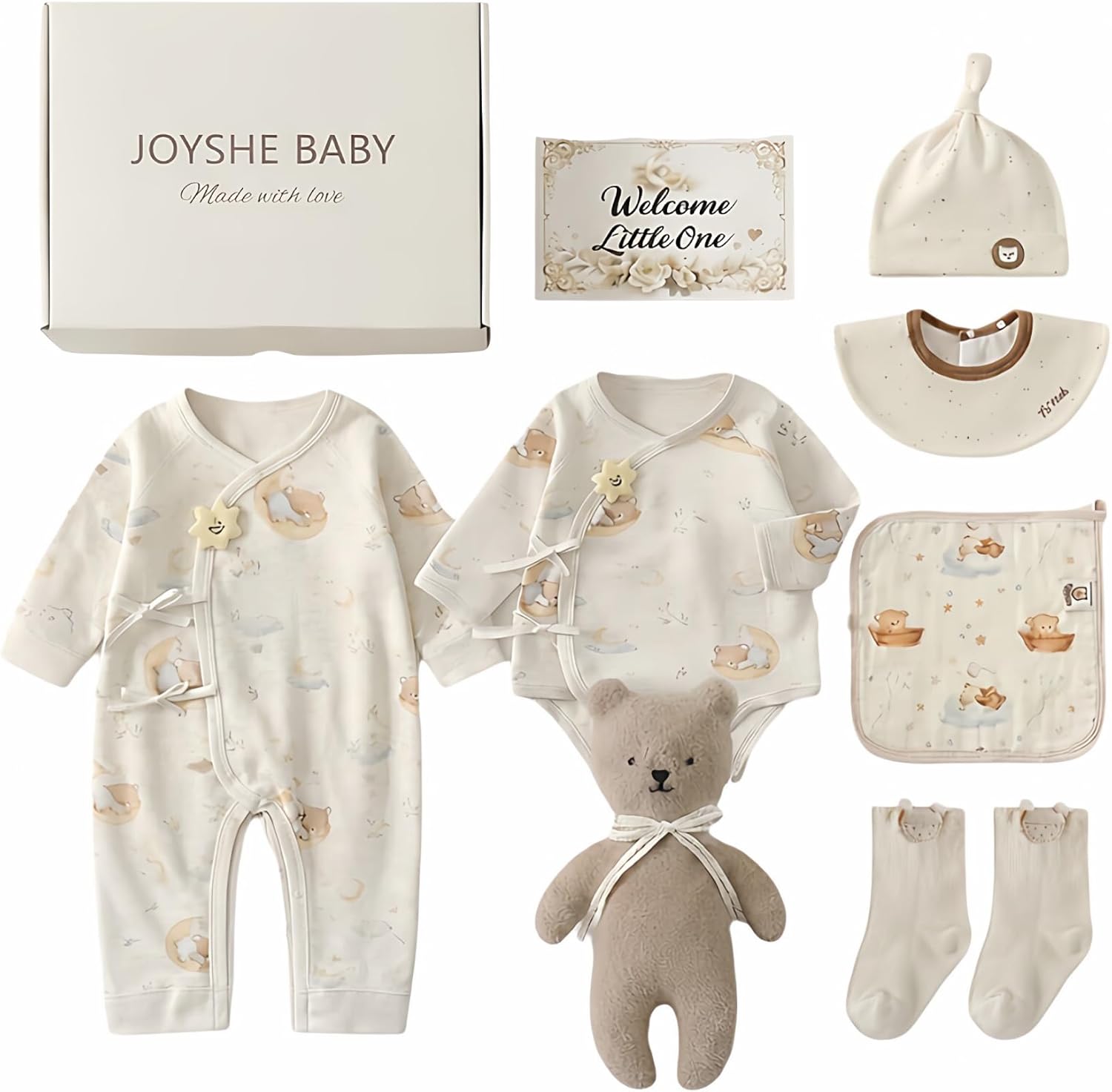 Newborn Baby Gift Set, 8-Piece Cotton Baby Clothes Gift Box for 0-3 Months and 3-6 Months, Baby Shower Welcome Gift