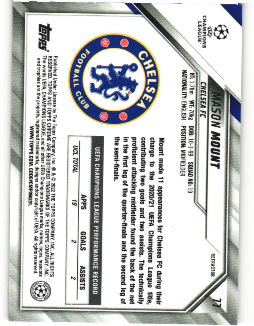 MASON MOUNT 2021-22 Topps Chrome UEFA Champions League Soccer REFRACTOR PARALLEL #77 Card Chelsea FC