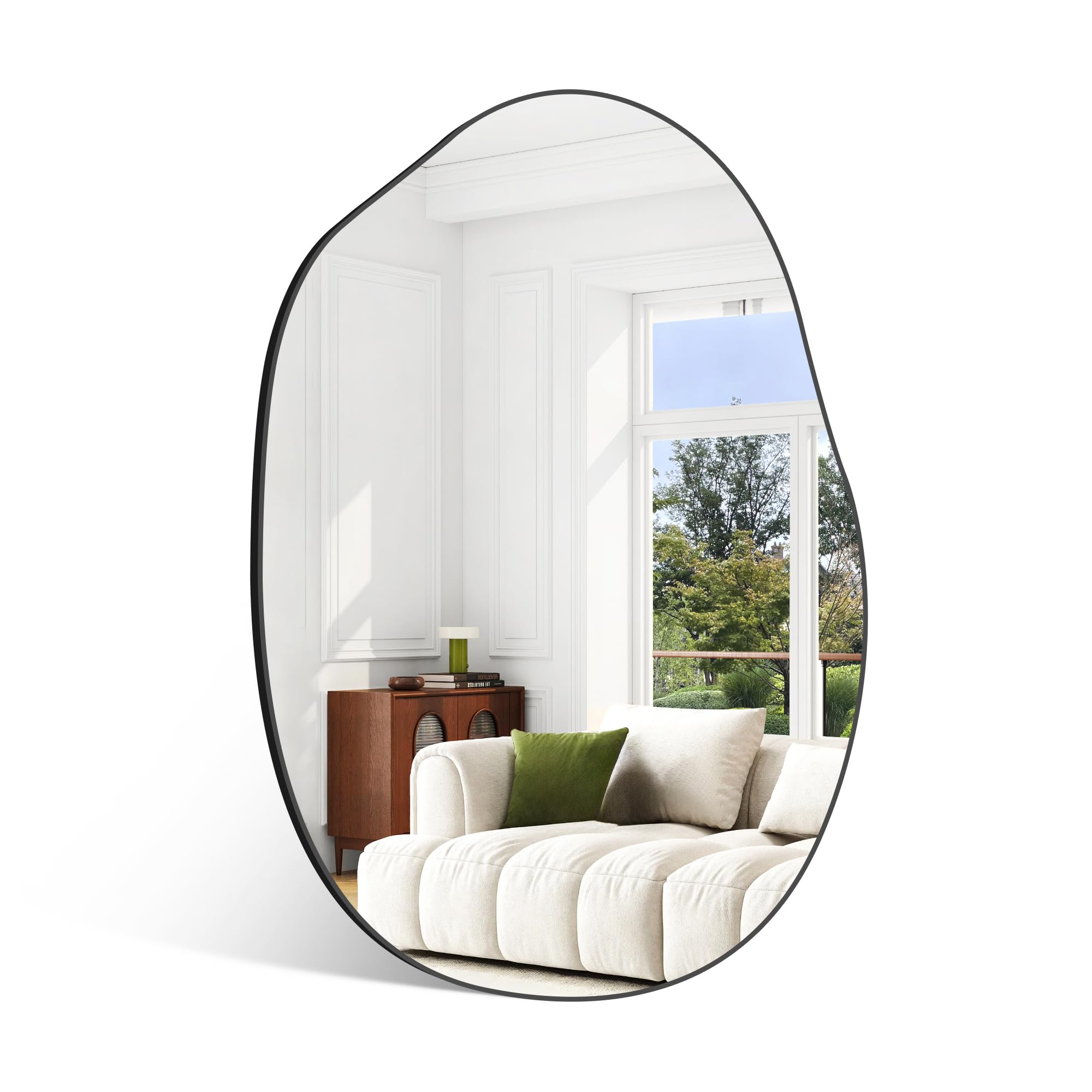 COFENY Espejo Baño Irregular, Espejo Pared Decorativo Negro 56 x 81 cm, Espejo Asimétrico Pared con Base de Madera para Baño, Salón, Dormitorio, Entrada, Pasillo, Tocador, etc