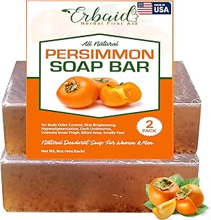 Erbaid Persimmon Soap Bar for Body Odor Control – Purifying Deodorizing Body Wash with Japanese Persimmon & Green Tea Extract for Eliminating Body Odor – Deodorant Soap for Skin Brightening (2 Pack)