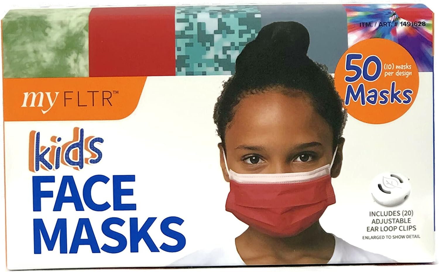 MY FLTR Kids Designed Face Masks Right Sized for Kids Adjustable Ear Loops 95% Filtration Including 20 Adjustable Ear Loops (10 Masks Per Designed) 50 Masks
