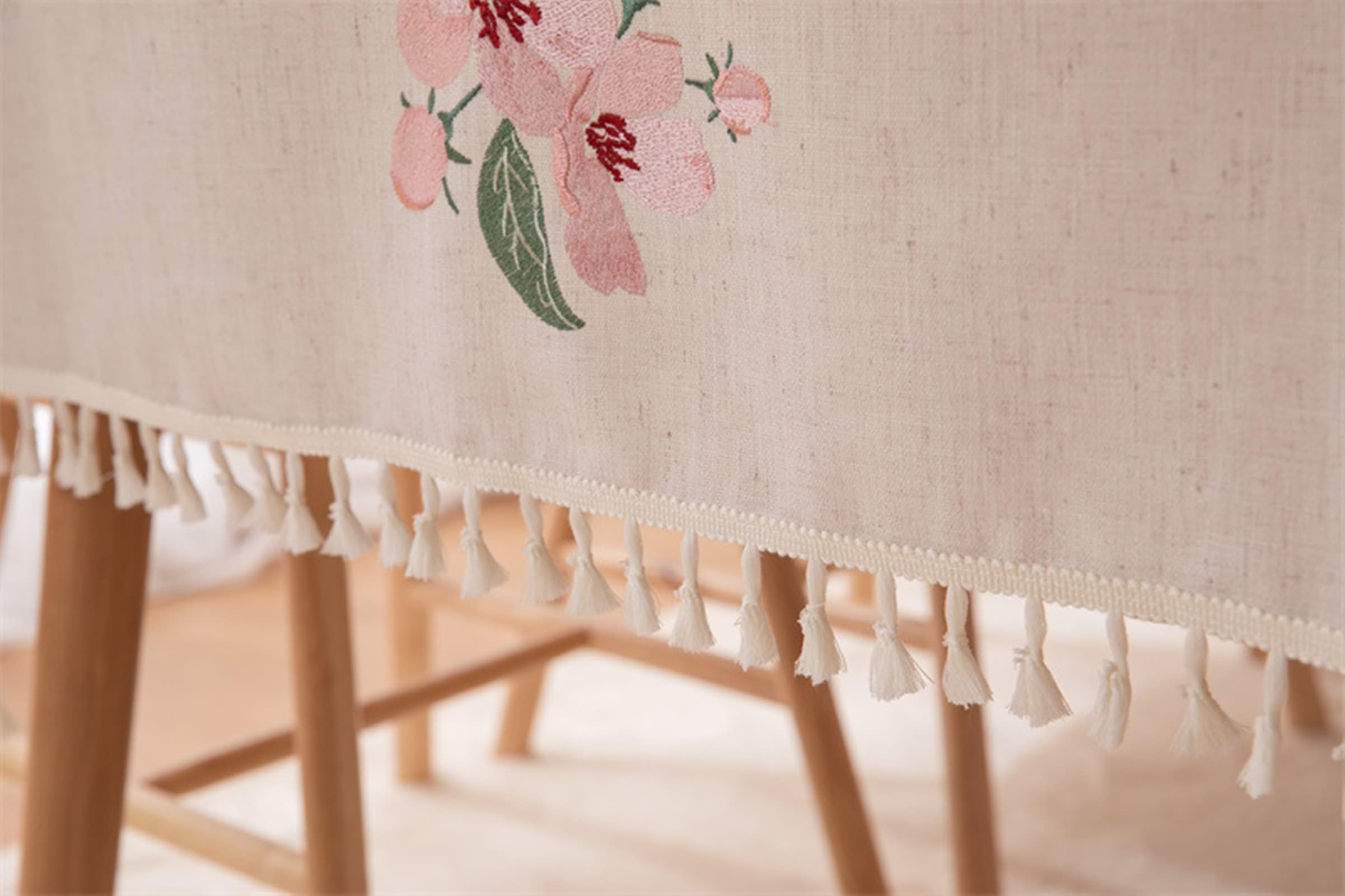 Mantel Mesa Rectangular Antimanchas, 140 x 200 cm, Beige Rosa, Mantel de Poliéster Flor con Borla