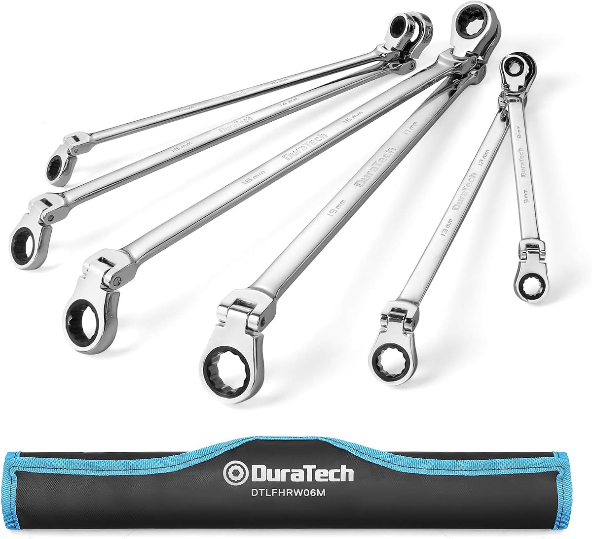 DURATECH Juego de llaves de trinquete extralargas con cabeza flexible, métricas, acero CR-V