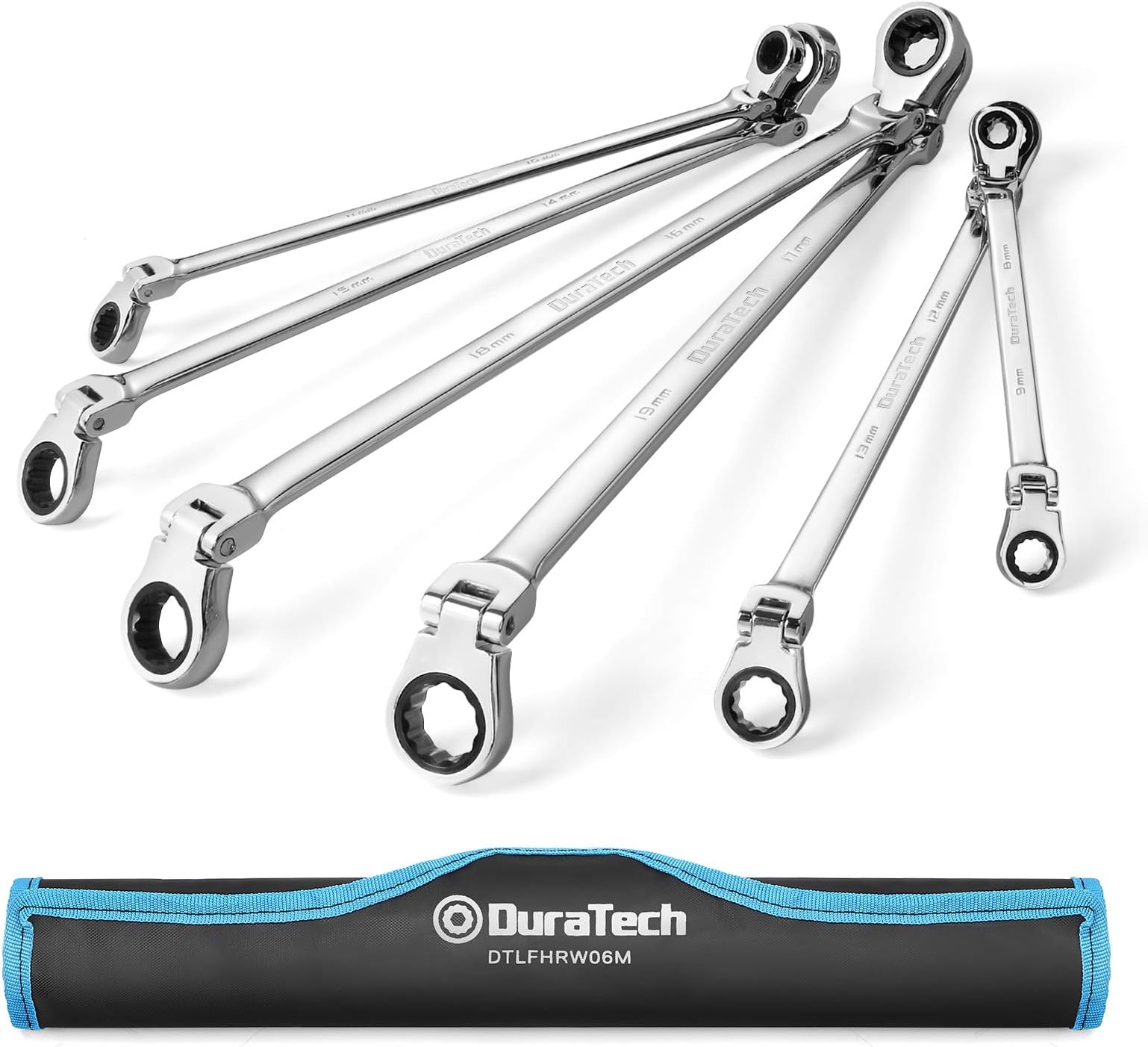Extra Long Flex-Head Ratcheting Wrench Set, Double Box End Wrench Set, 6-Piece, Metric 8-19 mm, CR-V Steel, with Pouch