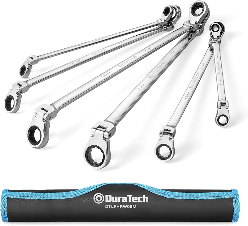DURATECH Juego de llaves de trinquete extralargas con cabeza flexible, métricas, acero CR-V