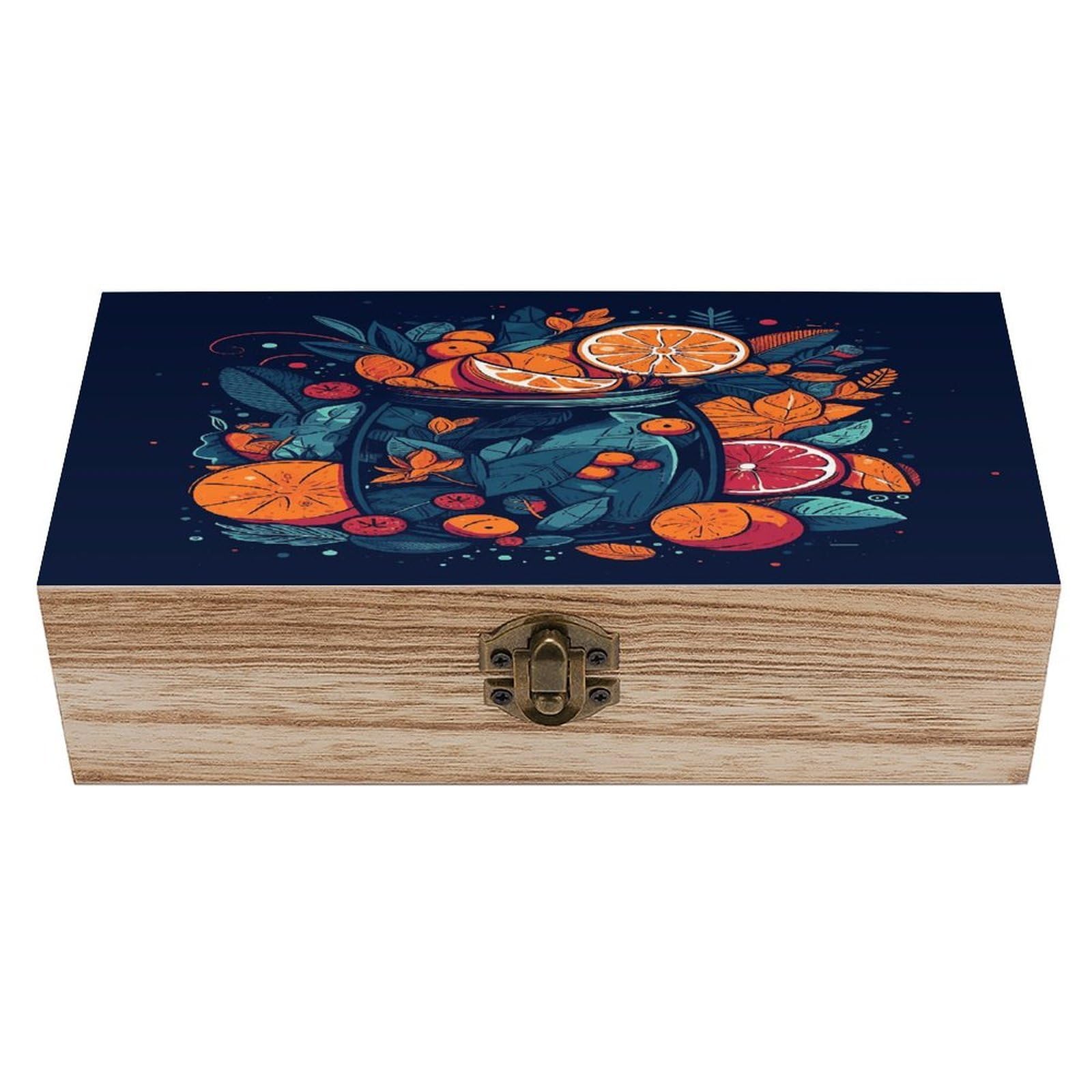 Btcowzrv Style Hand Drawn Fruit Pattern Wooden Storage Box, Keepsake Box With Hinged And Retro Lock, Wood Jewelry Organizer For Photos & Mementos And Home Decor