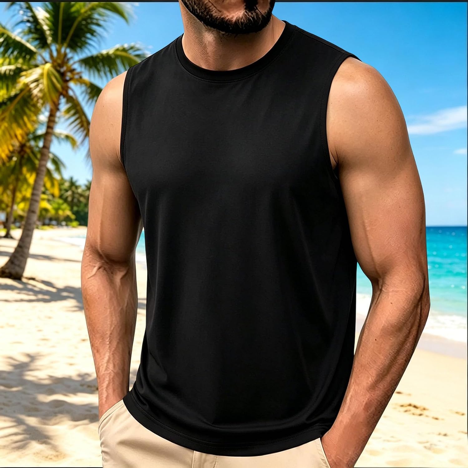 Men's Sleeveless Tank Top Crew Neck Workout Muscle Shirt | Crew Neck Tank Top, Sleeveless, Soft Comfortable Fit, For Gym, Bodybuilding, Beach, Running, And Summer Wear