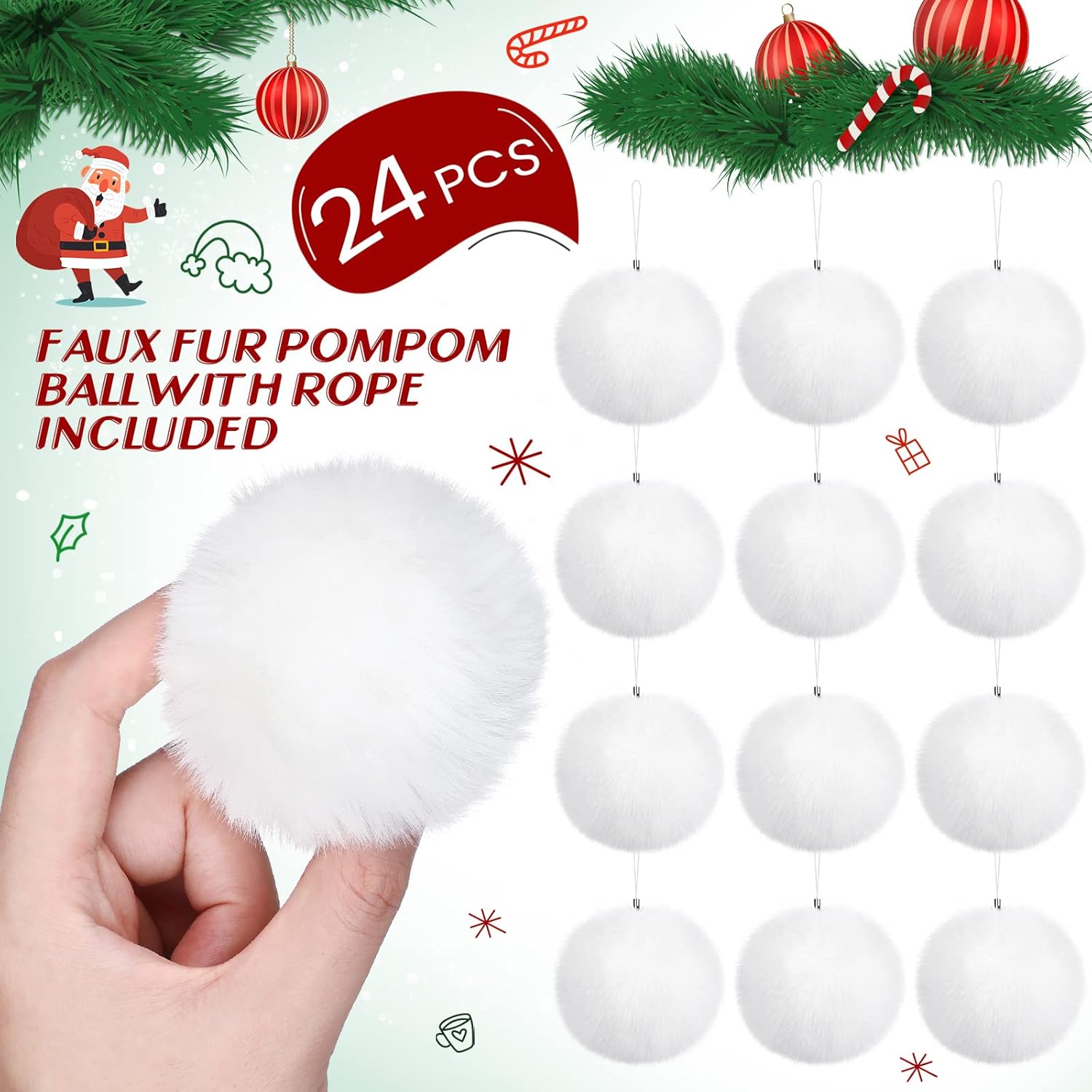 Jexine 24 Pcs Snowball Ornaments for Christmas Tree Fluffy Pom Pom Faux Bunny Fur Ball Christmas Ornaments with Lobster Clasp Cords for Tree Decorating Handbag Keychains(White)