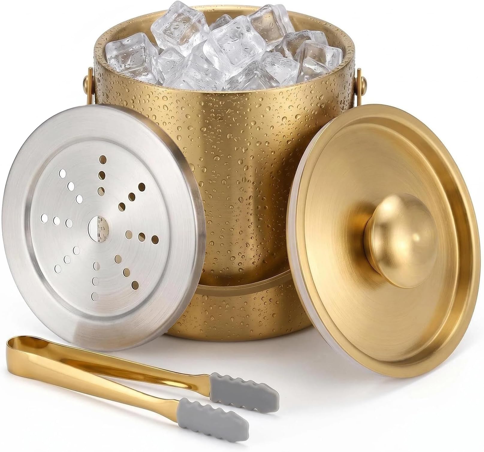 Gold Ice Bucket with Lid, Handle and Tong Insulated Stainless Steel Champagne Bucket 3L Wine Bucket for Party Bar Cart Accessories Large Double Wall Bucket Keep Frozen