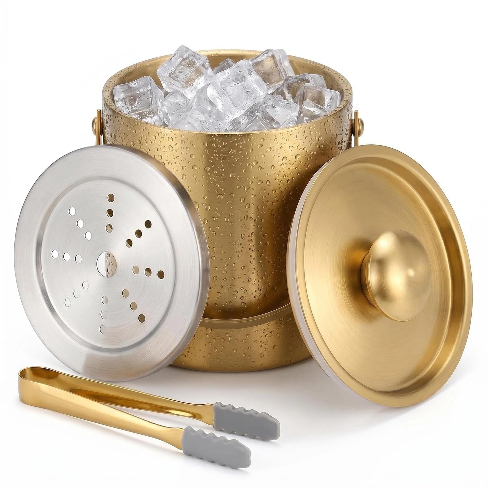 Eiskübel mit Deckel und Zange, doppelwandiger Weinkühler, 3 l, goldfarben | Isolierter Edelstahl-Eimer für Champagner, Wein, Bier, Partys, Barwagen, Outdoor-Unterhaltung, hält Eis länger