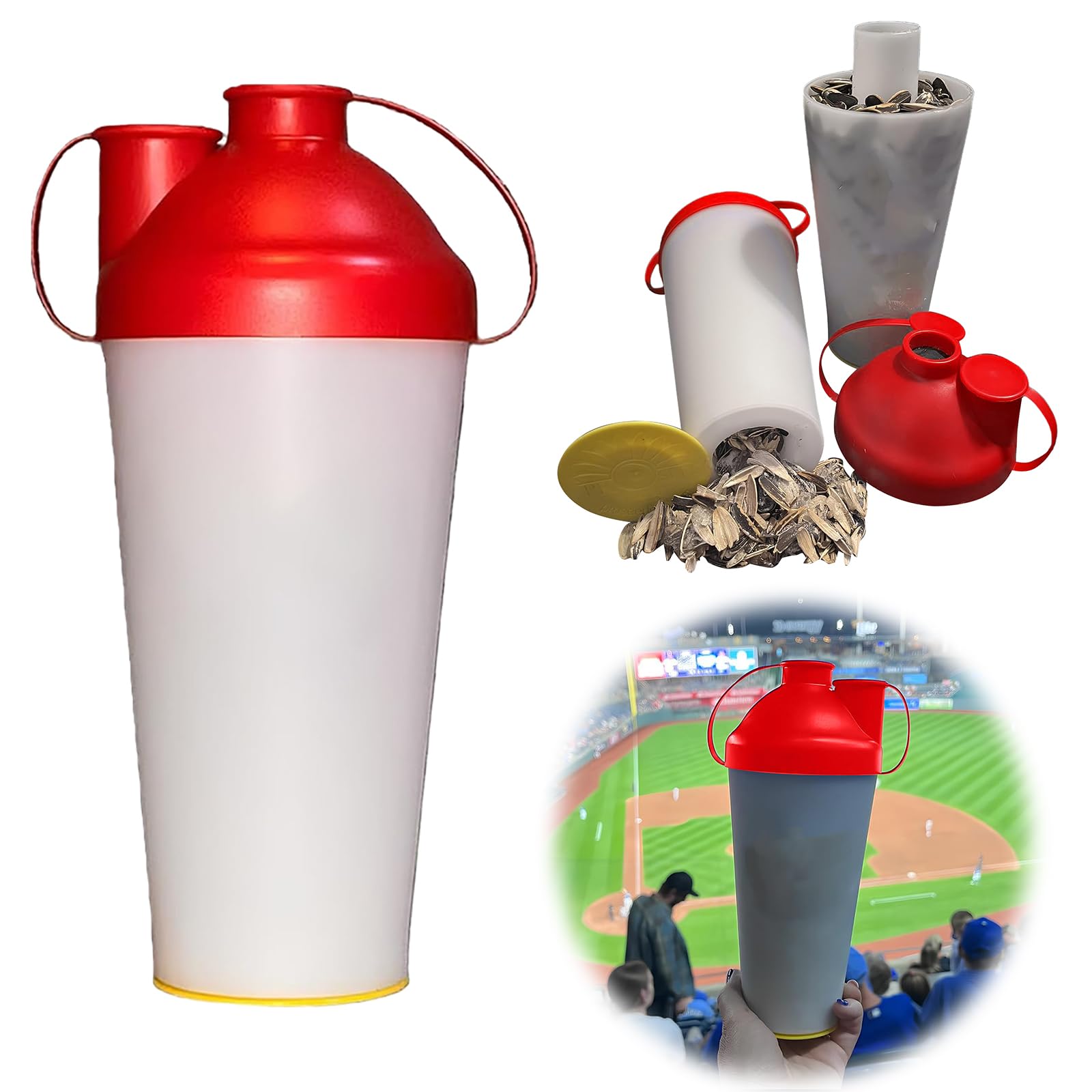 Sunflower Seed Snack Cup – Reusable Seed & Shell Holder, Portable Outdoor Sports Travel Snack Container with Shell Spit Cup Leak-Proof Waste Collector for Pumpkin Seeds Nuts Pistachios-Red