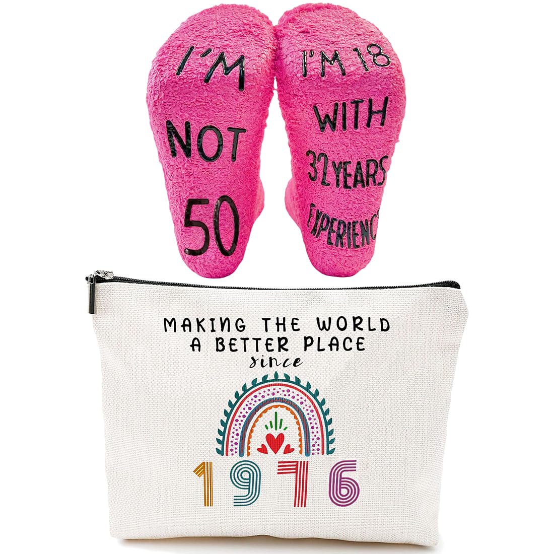 2 Pcs Beauty Case Perfetto Per Il 50º Compleanno, Ideale Come Regalo, Regali di Compleanno per Donne, tra Cui Borsa per il Trucco e Calzini di Compleanno Ideali per Donne (1976-50 anni)