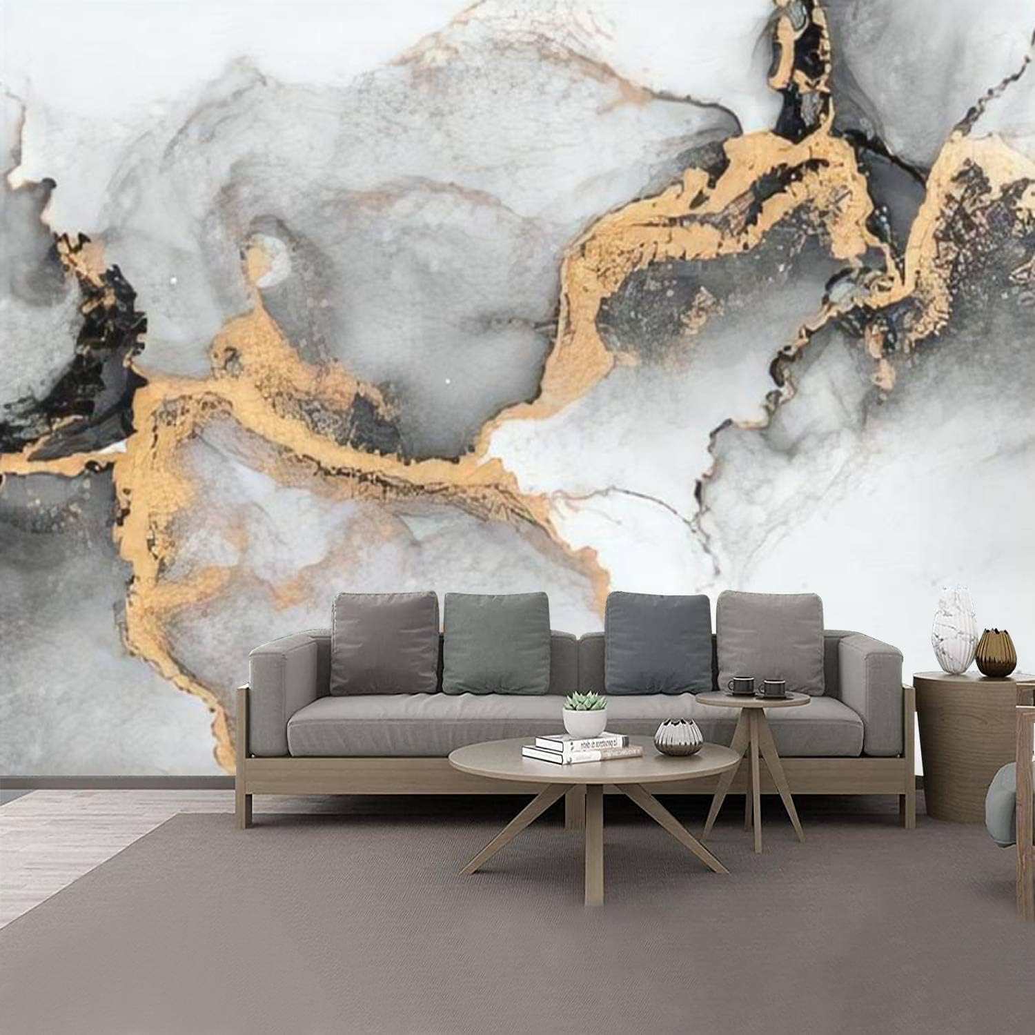 YTTBDBD Marble Photos 3D Self Adhesive Wall Murals, Black Gold Texture Peel and Stick Wallpaper Large Poster Wall Sticker for Kitchen Bedroom Living