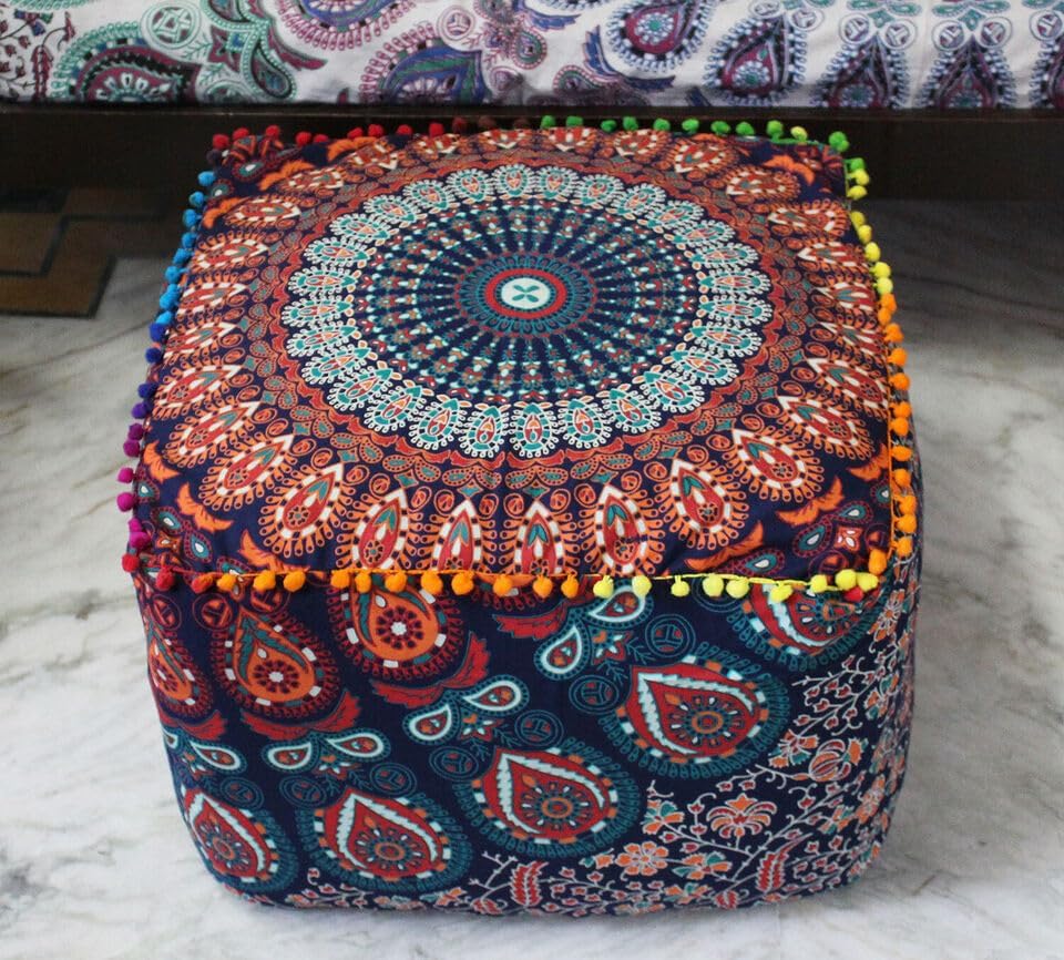 Indian Handmade Mandala | Square Ottoman Pouf Cover | Footstool Seating (Peacock Mandala Multicolored, 22x22x22)