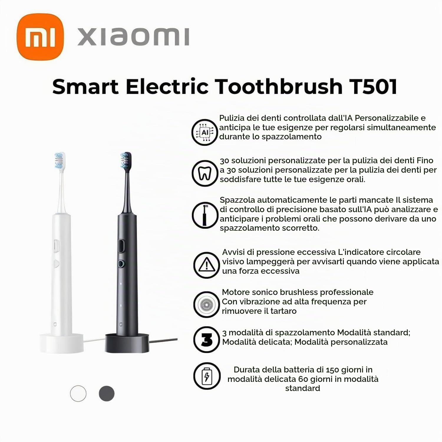 Xiaomi Smart Electric Toothbrush T501 Spazzolino da Denti Elettrico Professionale Brushless con Autoregolazione Pressione