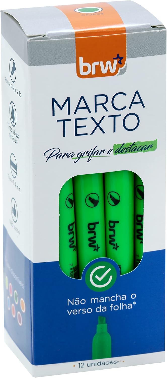 Caneta Marca Texto Fluorescente Verde Caixa com 12 Unidades, BRW