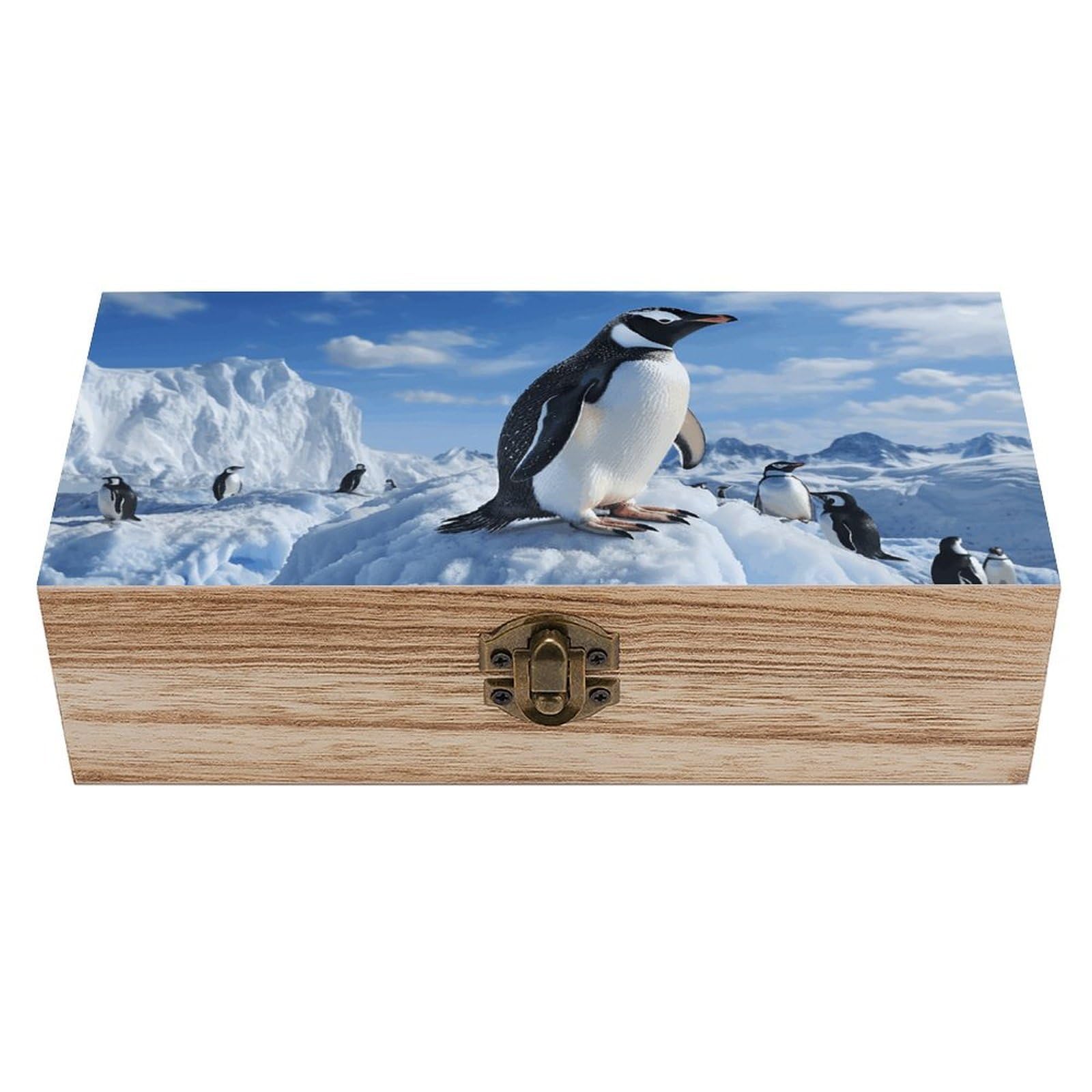 FekiLoot Snow Mountain Penguin Wooden Keepsake Box Decorative Wood Storage Organizer with Hinged Lid Large Handmade Boxes Wedding Memory Treasure Box for Jewelry Photos Stamps Crafts