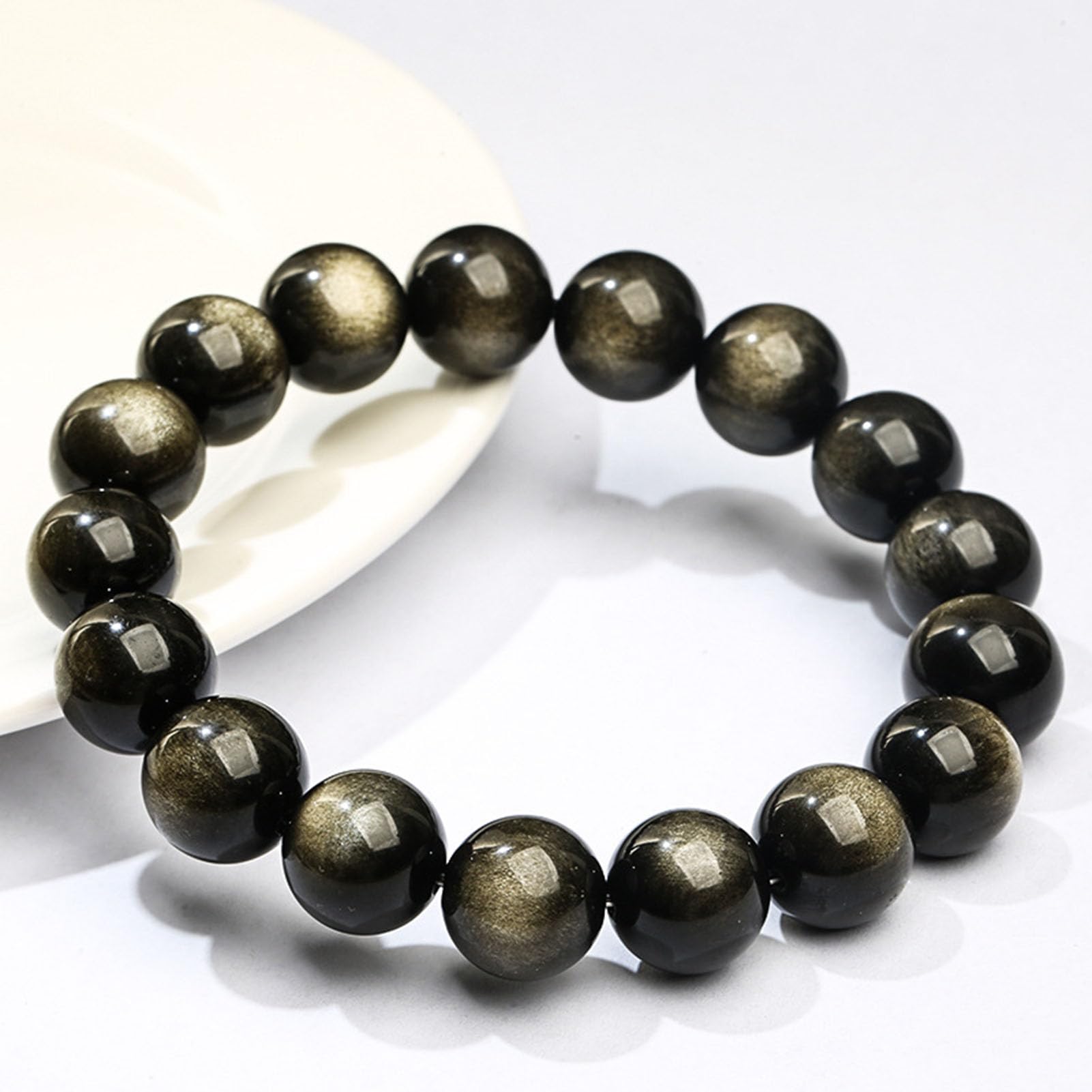 Braccialetti da Donna in Ossidiana Nera Ricchezza, prosperità, abbondanza, Braccialetto con Perline di Pietra, Braccialetto Elasticizzato, Umore Spirituale, Protezione energetica,12MM