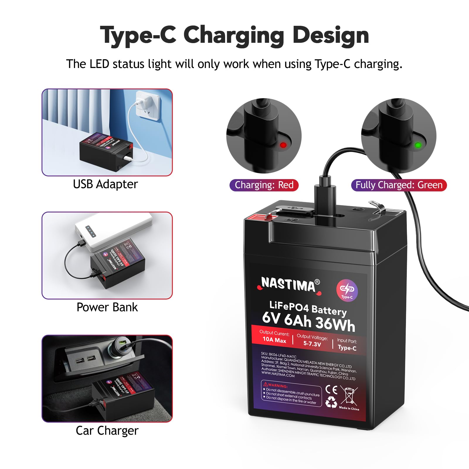 NASTIMA Batterie Rechargeable 6V 6Ah LiFePO4 avec Protection BMS et Cycle Profond 2000, Chargement Type-C, adaptée aux Kits de Éclairage Électrique de Secours, Voitures Jouets pour Enfants, Camping
