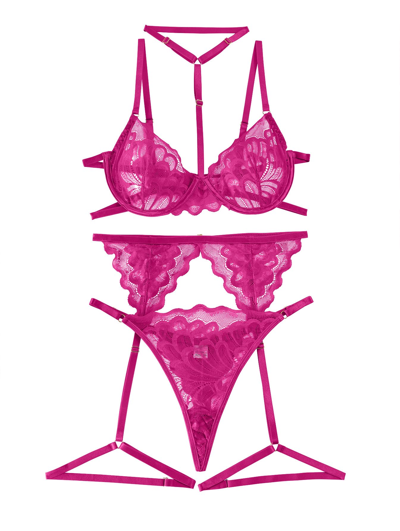 Lilosy Sexy Choker Floral Lace Scallop Sheer Underwire Push Up Garter Belt Lingerie Set 3 Piece: Lilosy Sexy Choker Floral Lace Underwire Push Up Garter Belt Lingerie Set for Women Sheer Bra and Panty 3 Piece