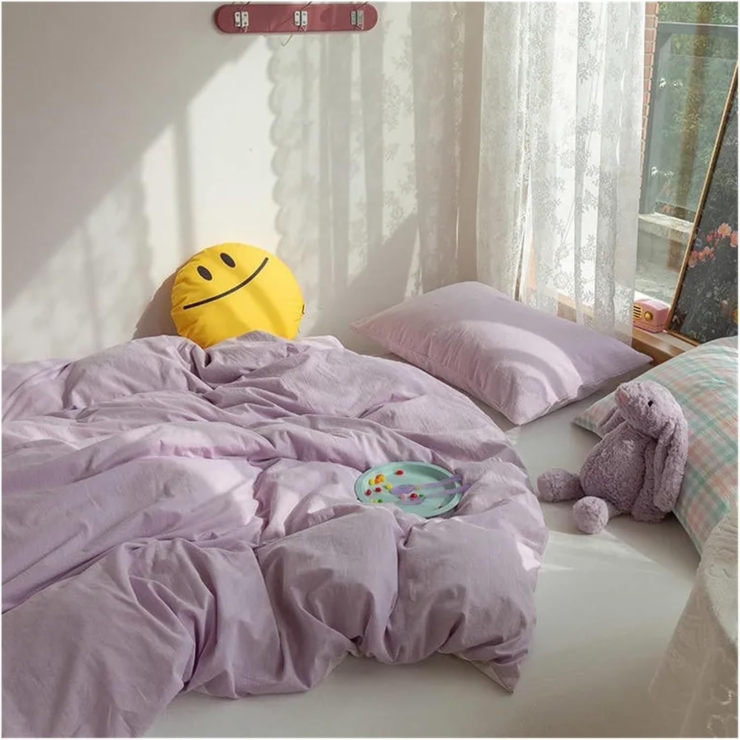 Washed Cotton Duvet Cover Set with Zipper Closure Luxurious Soft 4Pcs Bedding Set 1 Duvet Cover 1Bed Sheet 2 Pillowcases,Bed