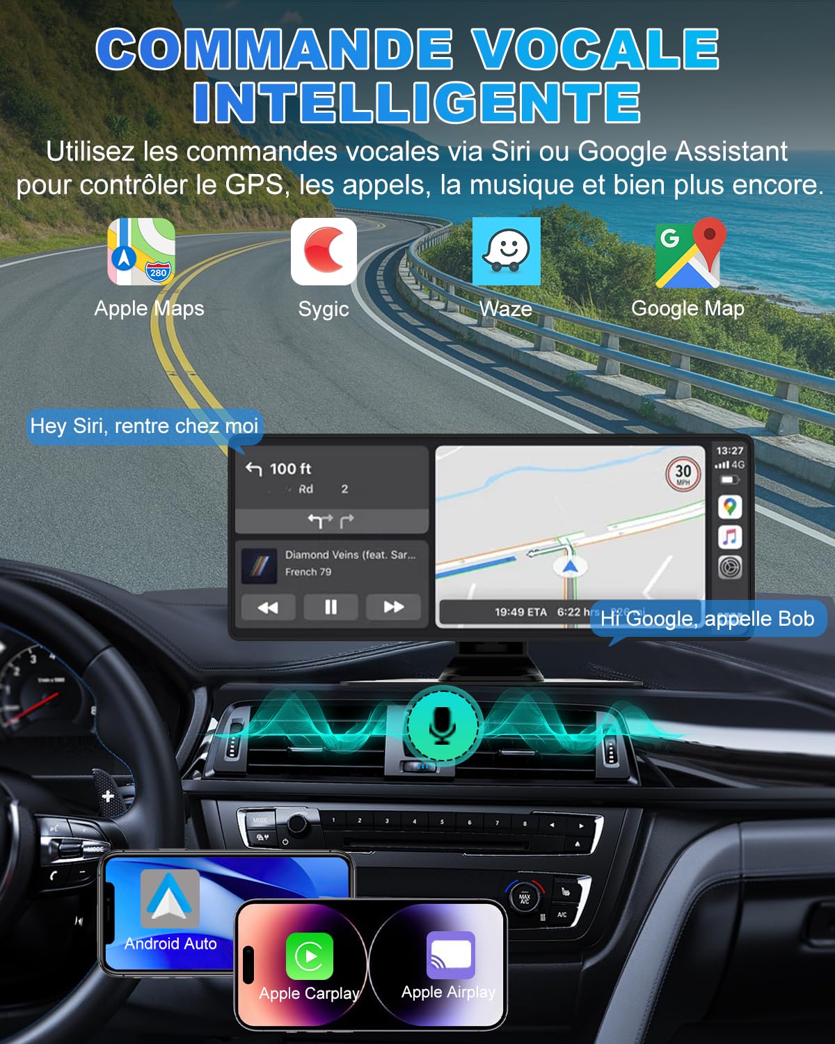 Carplay Voiture, 10.26" Autoradio Carplay pour Apple & Android avec HD 1080P Camera de Recul & Caméra Frontale, Navigation GPS, Son Premium, Commande Vocale, Allume-Cigare Double Port, Mirror Link