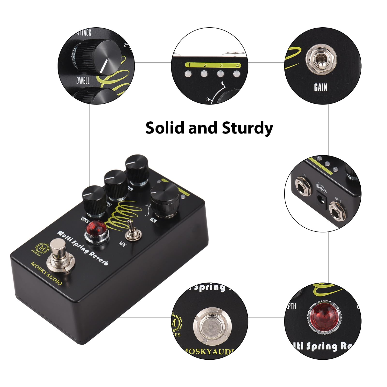 Btuty Effets de réverbération pour guitare Pédale d'attaque Bouton 4 modes DC 9 V Interface d'entrée/sortie de 6,35 mm Effecteur de réverbération pour guitare électrique avec True Bypass