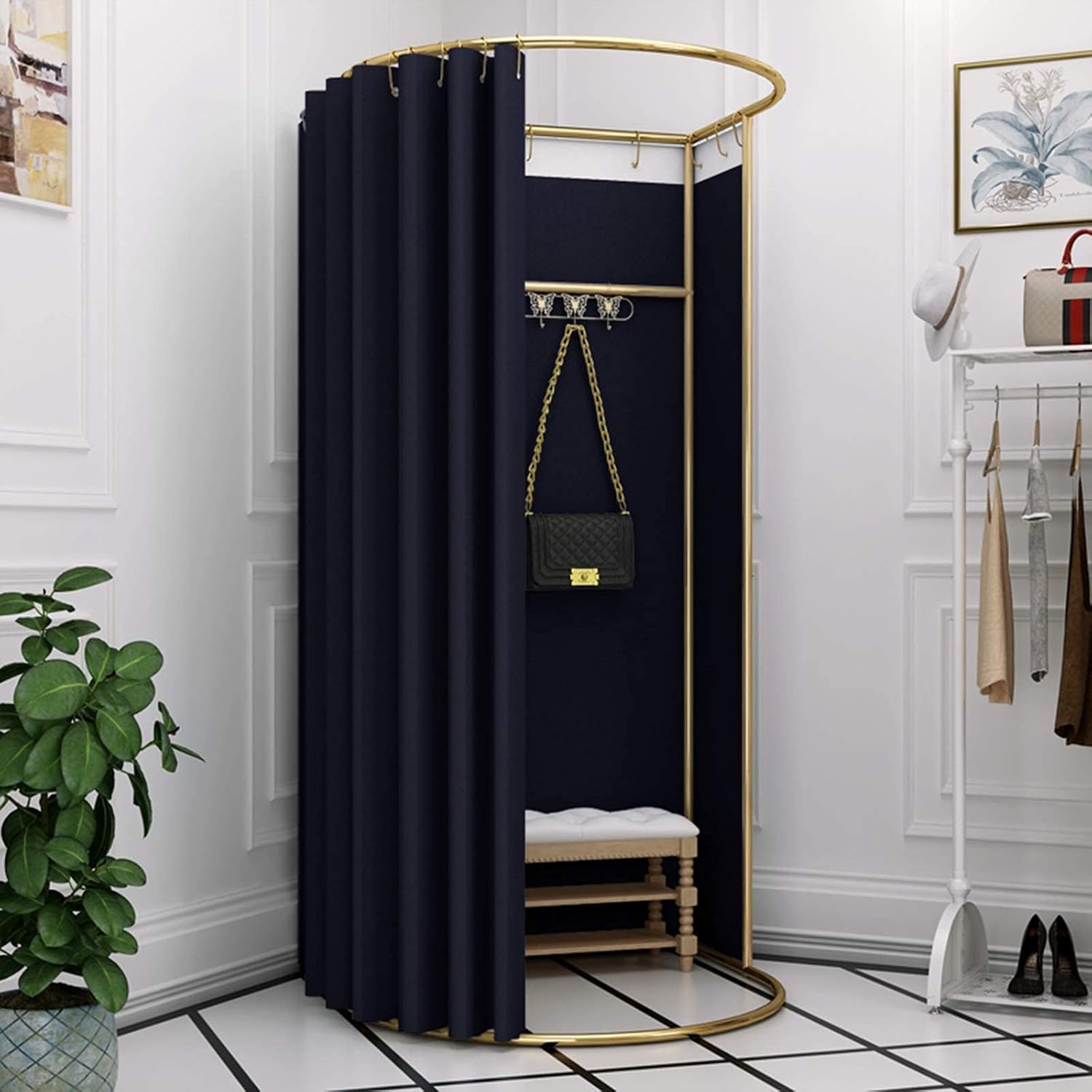 Temporary Fitting Room in Shopping Mall Orbital Clothing Store Landing Locker Room Dressing Room Curtain Kit and Metal Frame Foldable Simple Dressing Room (10 Colors Size: 80x200cm) (Black