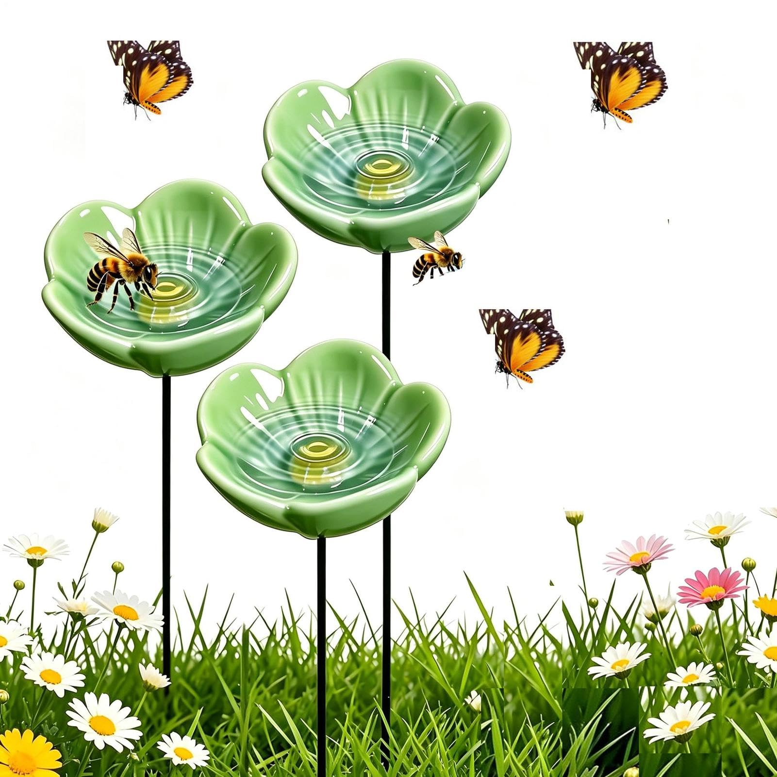 3 Pieces Garden Bee Watering Station, Flower Design Ceramic Bee Water Bowl, Ceramic Weather Resistant, Bird Water Bowl, For Yard Outside Outdoor Home Patio Porch Deck Balcony