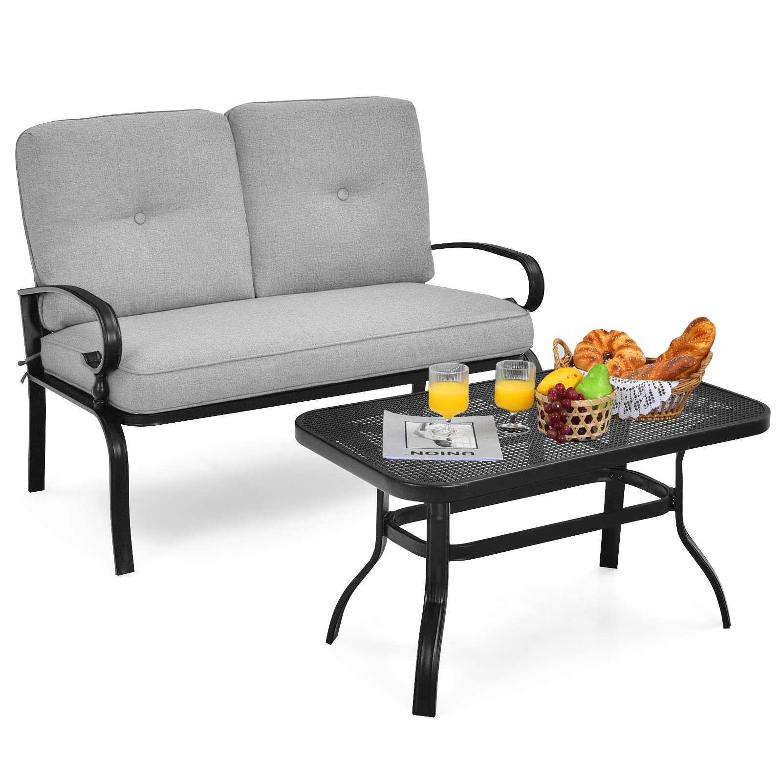 COSTWAY Outdoor Loveseat Bench, 2-Seater Garden Furniture Set with Coffee Table and Cushions, Metal Frame Patio Sofa Table Set for Balcony Backyard Lawn Poolside (Grey)