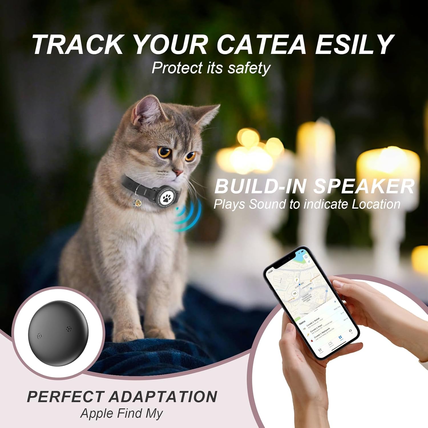 (Black) GPS Tracker for Cats, Waterproof GPS Cat Trackers Cats Collar with Bells, No Subscription, GPS Cat Collar, Adapt with Apple Find My (iOS Only) Finder Tag for Vehicles, Pets, Kids