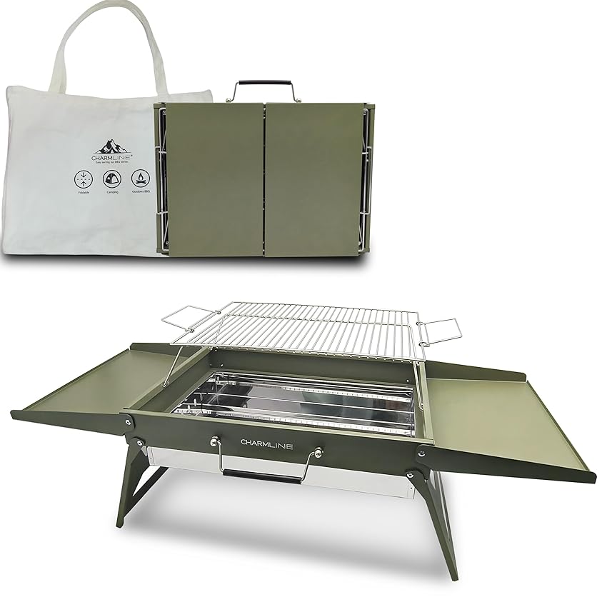 Charmline 51x35cm Barbecue Carbonella Portatile, Barbecue da Tavolo, Barbeque Esterno, Adatto per Giardini, Spiagge, Prati e Piani d'appoggio, Verde, Max