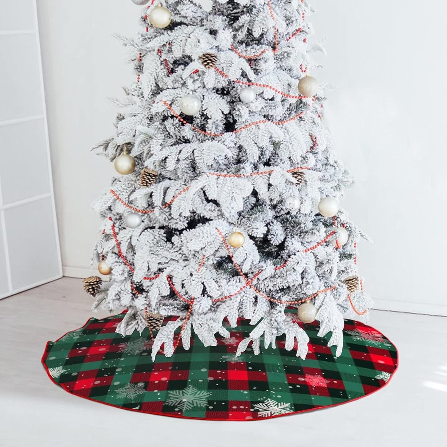 Christmas Tree Skirt Buffalo Plaid Tree Skirt Snowflake Thick Xmas Tree Skirt for Holiday Party Christmas Tree Decorations Indoor Outdoor Red and Green 48 Inch : Everything Else