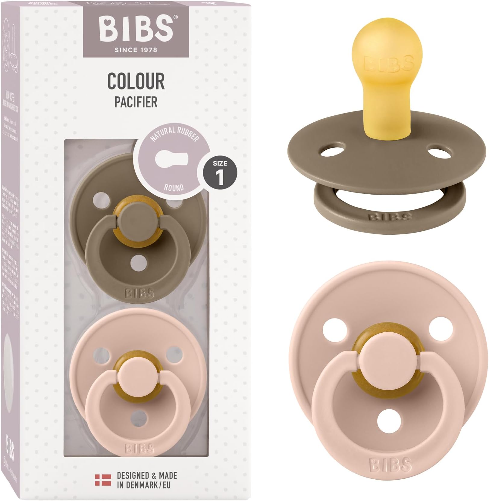BIBS Colour Soother 2-Pack, BPA Free Dummy Pacifier, Round Nipple. Natural Rubber Latex, Size 1 (0-6 Months), Dark Oak/Blush