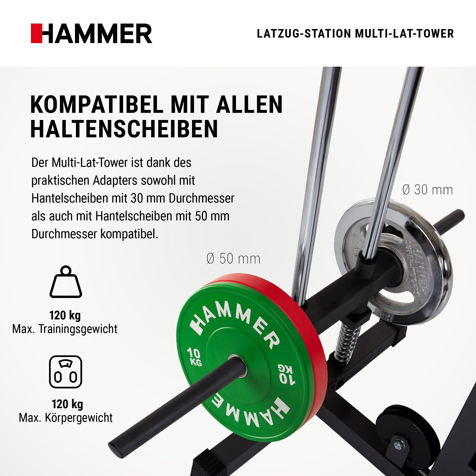HAMMER Finnlo Latzug-Station Multi-Lat-Tower - Übungen für Rücken Arme Schultern Bauch, 120 kg belastbare Gewichtsauflage, Kraftstation 141x120x210cm