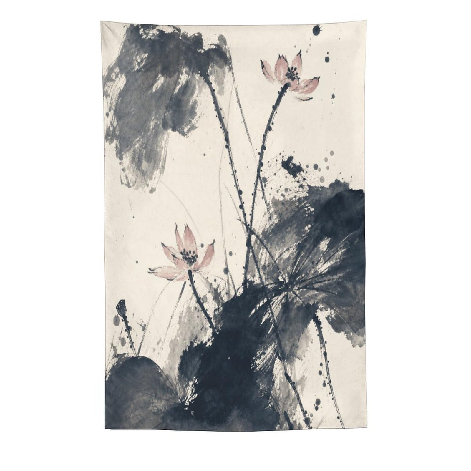 H3B8U2Y5 Ink Lotus and Mountains Wall Tapestry, Asian Ink Style, Apartment